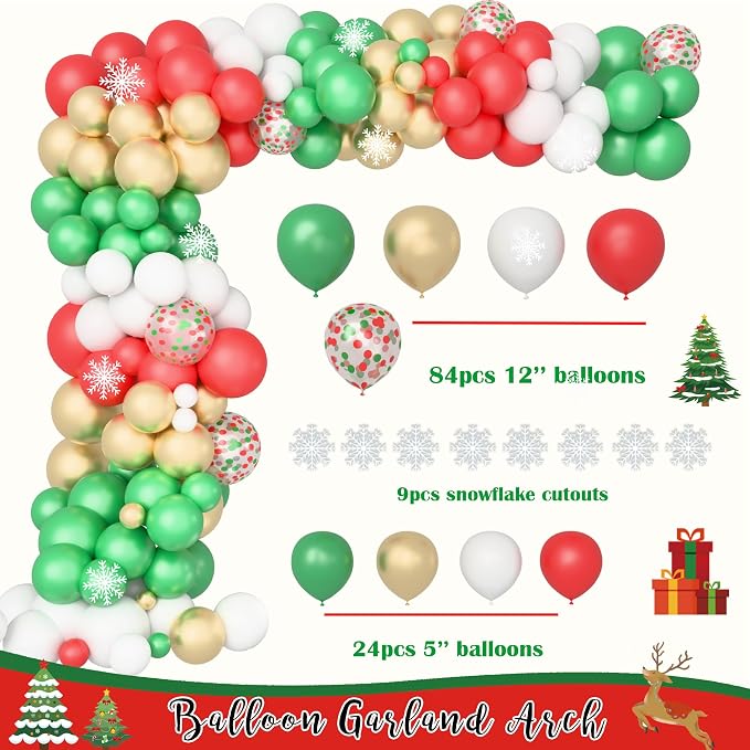 Merry Christmas Party Decorations Kit, Christmas Balloon Garland Arch With Red Green Gold Snow Santa Party Supplies Banner Topper Backdrop Tablecloth - Winter Holiday Indoor Outdoor Home Decor