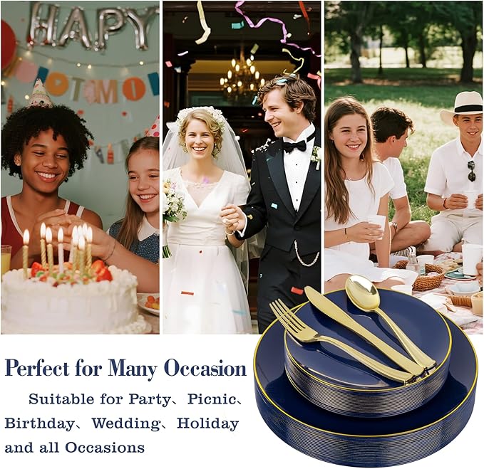 YOUBET 125PCS Blue Plastic Plates - Navy Blue Disposable Plates With Gold Rim Include 25 Dinner Plate, 25 Dessert Plate, 75 Gold Silverware Cutlery for Party & Wedding