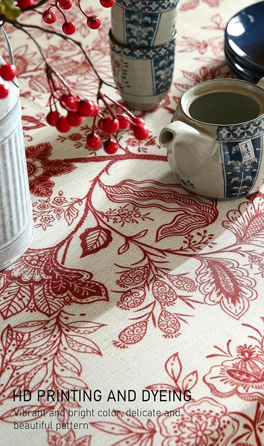 ISAENNE Designer French Linen Round Tablecloth,Diameter 55"-Ruyi A | Vintage Elegant Table Cloth for Round Table,Red Floral Pattern,Decoration,Heavyweight,Dining Room,Kitchen,Thanksgiving