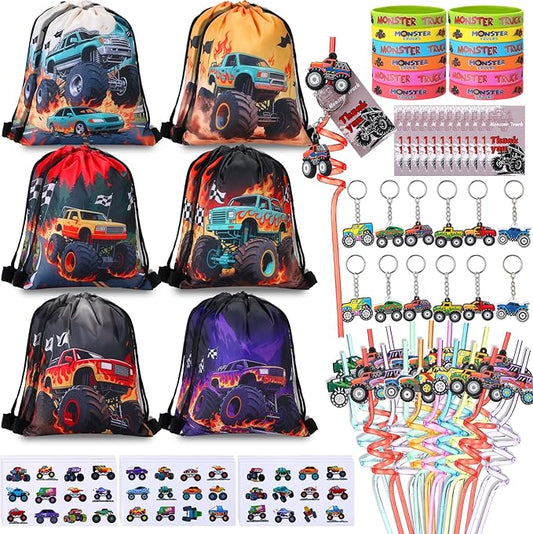 LemonRoad 73 Pcs Monster Truck Party Favors Set Birthday Supplies Includes Drawstring Bags Keychains Bracelets Stickers Straws Tags for Monster Truck Theme Party