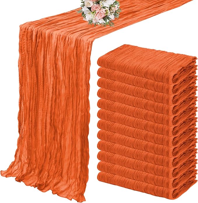 12 Pack Cheesecloth Table Runner 35 x 120 inch Long Boho Cheese Cloth Gauze Table Runners Semi Sheer Table Runner for Wedding Decor, Bridal Shower, Birthday Party (Orange)