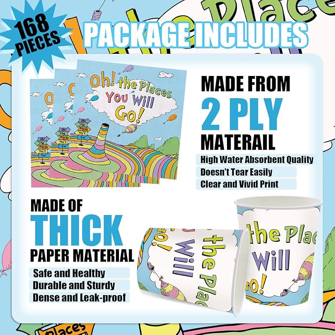 168Pcs Oh the Places You'll Go Party Decoration Kindergarten Graduation Party Tableware Sets Paper Plates Napkins Cups Spoons Knives Forks for 24 Guests