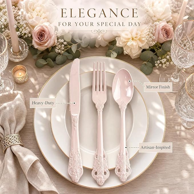 WDF 120 Pieces Heavy Duty Pink Plastic Cutlery Set - Disposable Utensils - Disposable Flatware Includes 40 Forks, 40 Spoons, 40 Knives for Party Baby Shower Wedding Spring