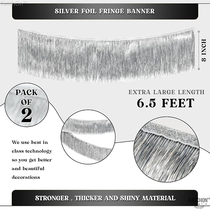 KatchOn, Silver Fringe Banner - 6.5 Feet, Pack of 2 | Fringe Garland for Birthday Decorations | Silver Banner for Bachelorette Party Decor | Tinsel Garland for Graduation Decorations 2026, Prom Decor