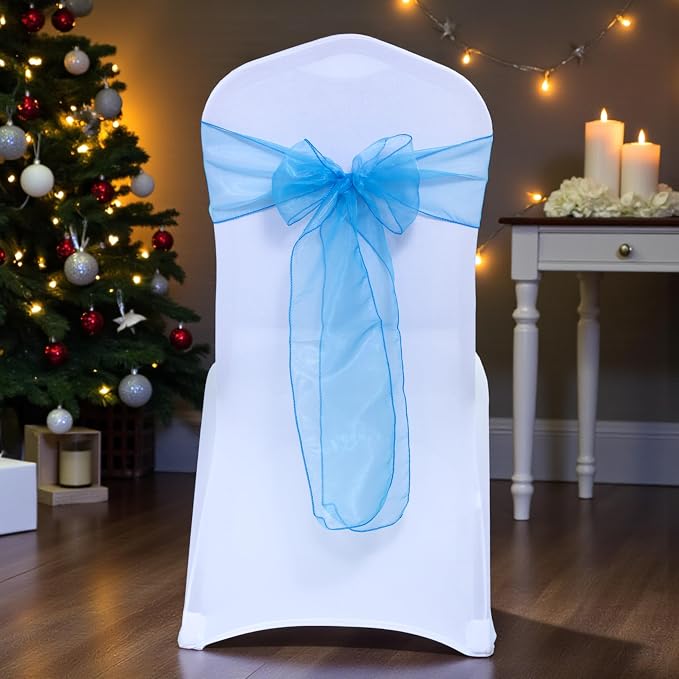 MDS® Pack of 125 Organza Chair Sashes for Wedding Decoration, Reusable Sheer Chair Bows for Banquet Chair Cover, Reception, Bridal Shower, Baby Shower, Birthday Party & Special Events - Blue