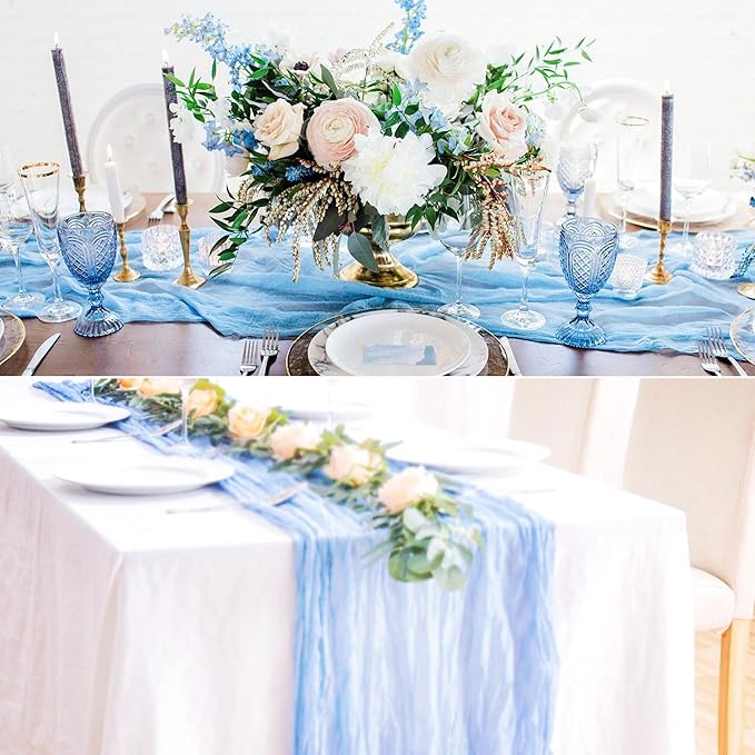 15 Pack Cheesecloth Table Runner Baby Blue 6FT Boho Table Runner 35x72 Inch Gauze Cheese Cloth Table Runners for Rustic Wedding Birthday Party Bridal Baby Shower Engagement Holiday Banquet Table Decor
