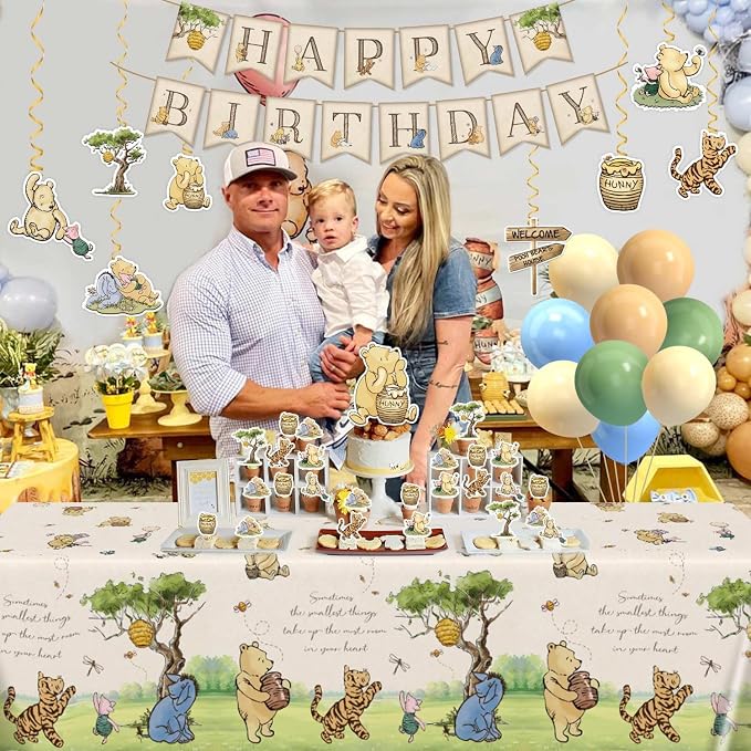 192pcs Winnie Birthday Decorations, Vintage Winnie Bear Plates Napkins Cups Forks Tablecloth Balloons Banner Hanging Swirls Cupcake Toppers for Boy Girl Party Supplies 25 Guests