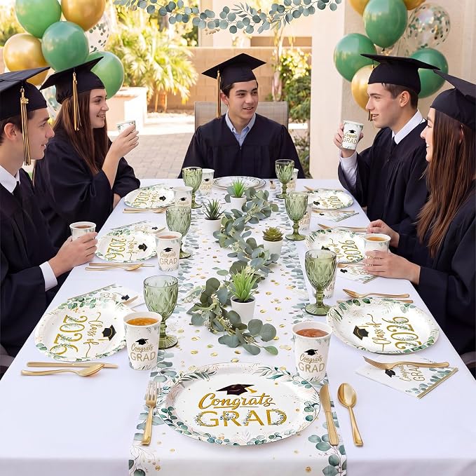 Pajean 350 Pcs Class of 2026 Greenery Graduation Party Decorations 12 inch Disposable Sage Green Leaves Oval Plates Napkins Green Heavy Duty Paper Tableware Set for 50 Guests Grad Party Supplies