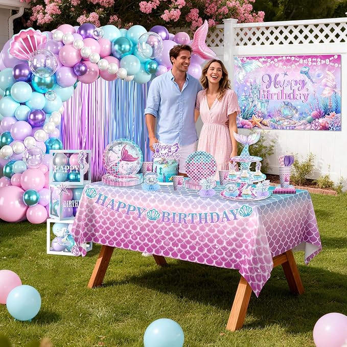 295Pcs Mermaid Birthday Decorations Serve 25, Mermaid Party Decorations Include Balloon Garland Arch, Plates, Tablecloth, Cake Topper, Cupcake Stand, Cupcake Toppers, for Under The Sea Party