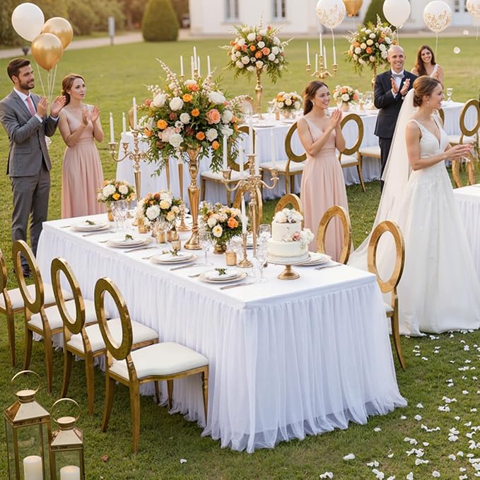 leegleri 4 pk White Tulle Tablecloths for 6 Foot Rectangle Tables, Floor Length 2-in-1 Tulle Table Cover with Draped Skirt,Wrinkle Free Stretchy Fitted Table Clothes 6ft for Wedding Party Decor