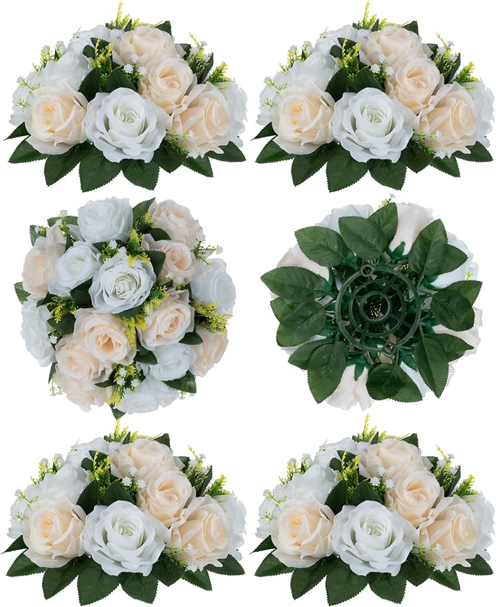 Flower Balls Wedding Flower Centerpieces: 6 Pcs Fake Roses with Base Table | Champagne White Artificial Floral Arrangements Decorations - Faux Silk Kissing Flower Bouquet of Roses Home Party DIY Decor