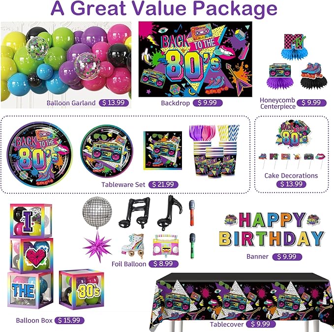 277pcs 80s Party Decorations Serves 25, All-in-one Set with Back To The 80's Backdrop Tableware Balloon Arch Tablecloth Balloon Box Cupcake Topper Table Decor, Etc. for 80s Party Decorations