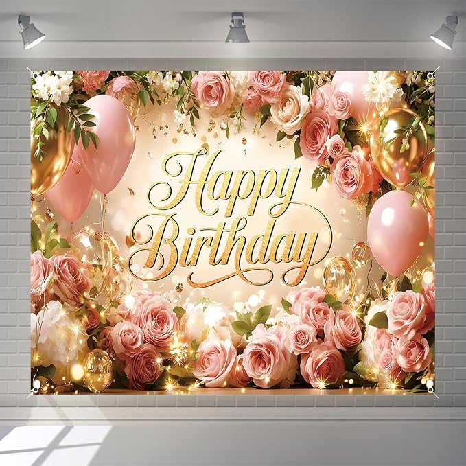 Happy Birthday Backdrop Banner for Women Girls Princess Pink Floral Flower Wall Rose Gold Balloon Party Decorations Photography Background Supplies Decor Fabric Photo Booth Props 8x6ft
