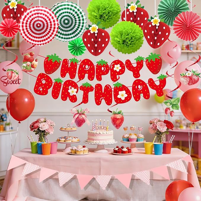 Strawberry Birthday Decorations,Cute Strawberry Party with Red Strawberry Honeycomb Balls,Green Paper Pom Poms,Paper Fan,Banner and Hanging Swirls Berry Hanging Decor Centerpieces