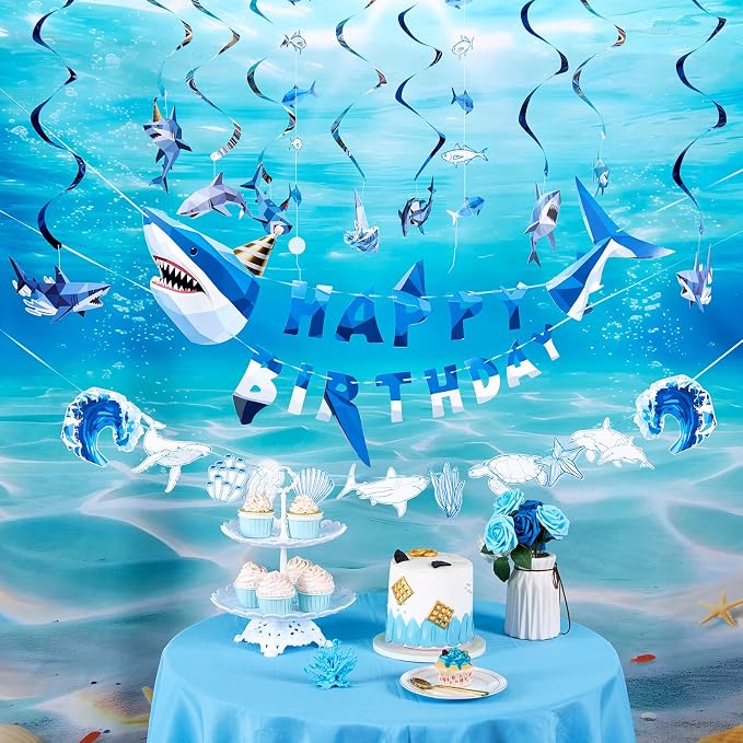 SUNBEAUTY Shark Birthday Party Decorations Shark Birthday Banner Ocean Theme Party Decoration Under The Sea Shark Garland Blue Ocean Swirls Hanging Wall Decor for Boys Baby Shower Beach Summer Party