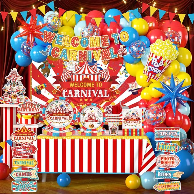 Cocomigo 302 PCS Circus Theme Party Decorations, All-in-One Carnival Theme Party Decorations Set with 25pcs Plates, Napkins, Tablecloths, Banner, Balloon Arch Circus Party Decorations for Girl & Boy