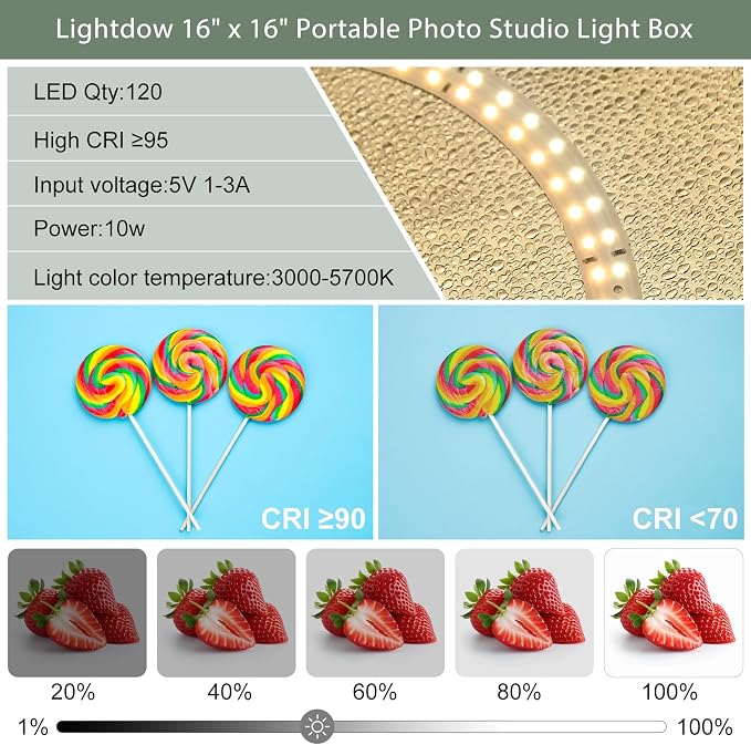 Lightdow 16"x16"x12" Photo Studio Light Box Photography with 120 LEDs (CRI>95), 6 Backdrops - Portable/Dimmable/Versatile Folding Shooting Tents for Toys/Jewelry/Watches/Cosmetics Photography