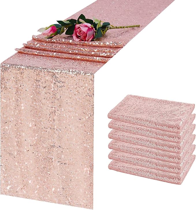 6 Pack Rose Gold Sequin Table Runner 12 x 72 Inch, High Density Sparkly Glitter Table Runners for Wedding Reception, Birthday Party, Baby Shower, Shimmering Pink Decor