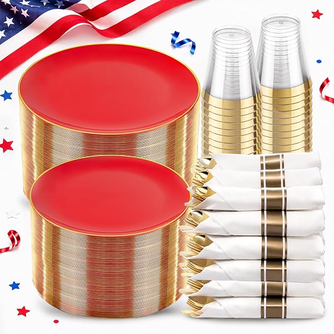 KIRE 350PCS Red Plastic Plates - Heavy Duty Red Plates Disposable - 50Guest Plastic Dinnerware Include 50Dinner Plate,50Dessert Plate,50Pre Rolled Napkins with Silverware for Wedding/Party