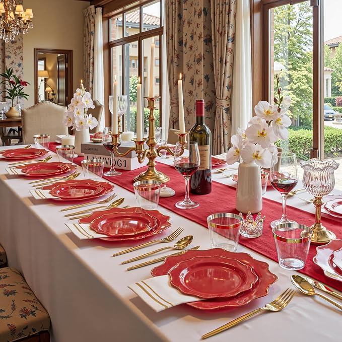WDF 175Pcs Red Plates - Red Plastic Plates with Gold Rim - Fancy Disposable Dinnerware Sets Ideal for Party/Wedding/Spring/4th of July/Memorial Day