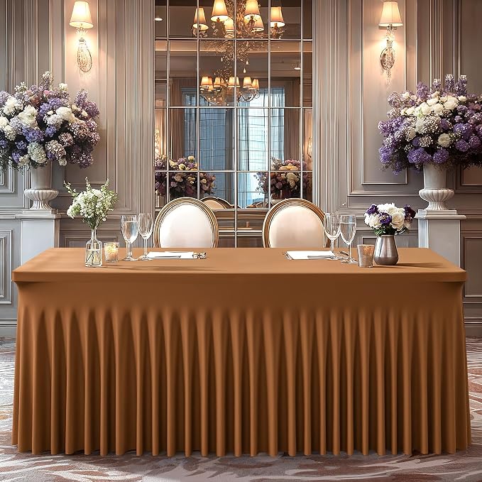Wish Care 2 Pack Brown Spandex Table Clothes for 6 Foot Rectangle Tables, 6FT Wrinkle Free Fitted Tablecloths Ruffles Design Table Cover for Party, Banquet, Wedding and Events