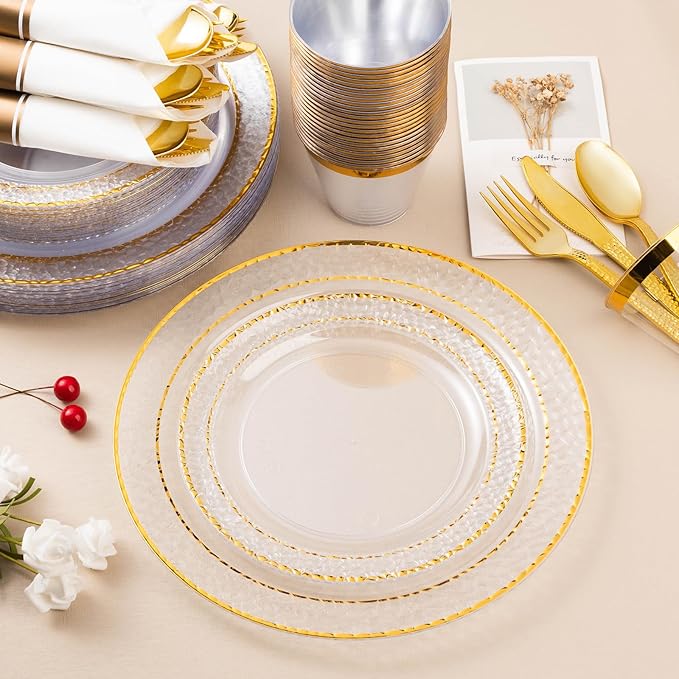 Bestluck 350PCS Clear Plastic Plates with Gold Trim for 50 Guests, Disposable Dinnerware Set for Party & Wedding, Includes 100 Plastic Plates, 50 Pre Rolled Napkins with Gold Silverware, 50 Cups