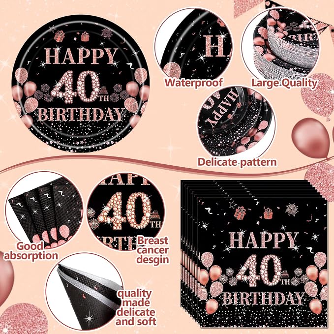 Pickmesh 400 Pcs 40th Birthday Decorations for Women, Includes 40th Birthday Plates, Napkins, Cups, and Cutlery for Party Favors, Cheer to 40 Year for Her, Serves 50 Guests