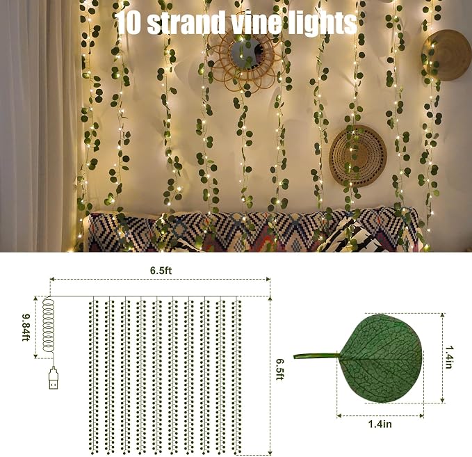 Bexdir 200 LED Curtain Vine Lights for Bedroom Decoration, 6.6x6.6ft Pre-Assembled Hanging Fake Vines with Fairy Lights USB Powered, Aesthetic Artificial Eucalyptus Lights for Room Wall Decor