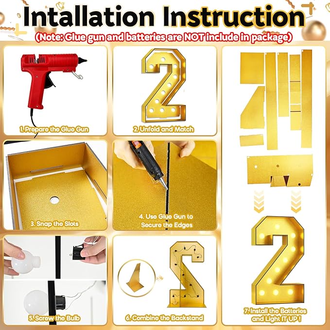 Number 2 Marquee, 4FT Light Up Numbers Gold Large Number 2 Marquee Mosaic Numbers for 2nd Birthday, Giant Marquee Number 4 Feet Tall DIY Frame Pre-Cut Foam Board Kit for Graduation Anniversary Party