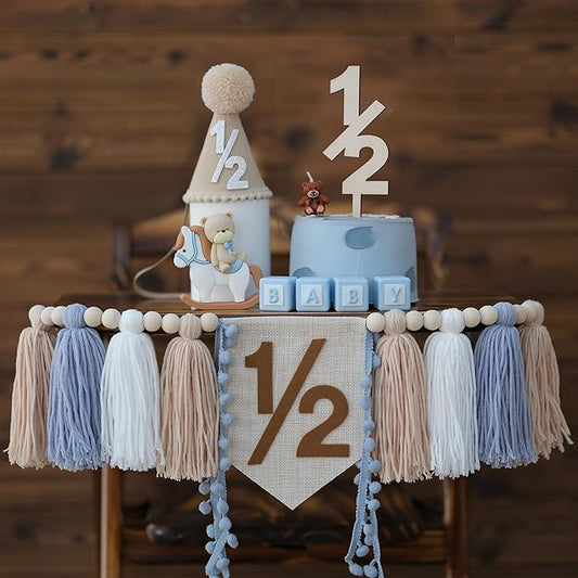 1/2 Birthday Boy High Chair Banner Half Birthday Decorations Hat Halfway To One Baby Boy Outfit 6 Month Photo Props Boy Half Year Cake Topper