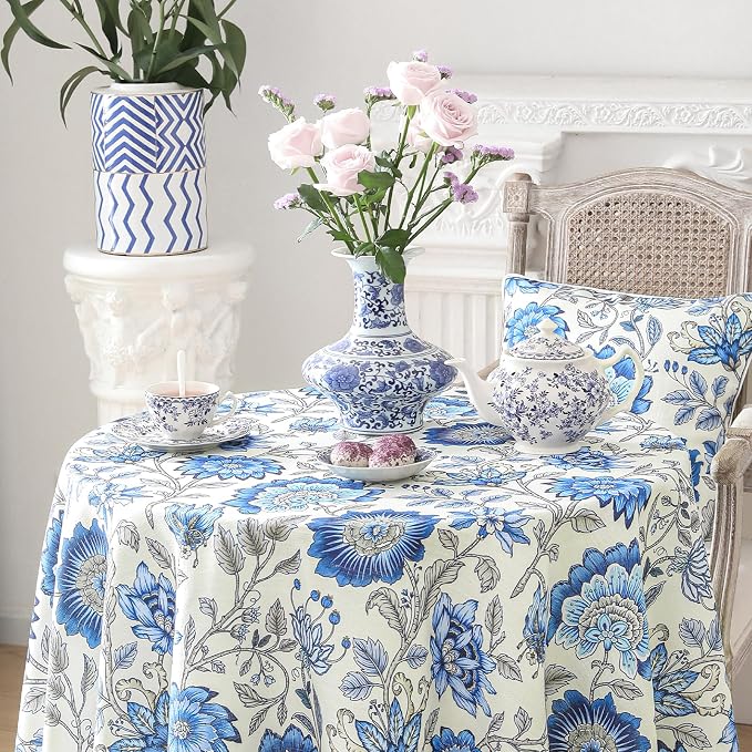 ISAENNE Designer French Linen Round Tablecloth,Diameter 55"-Blanch | Chinoiserie Vintage Elegant Table Cloth,Blue Floral Pattern,Beautiful,Dining Room,Kitchen,Tea Party,Thanksgiving,Decor