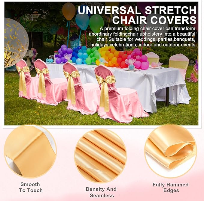 Lounsweer 50 Pcs Folding Chair Cover Set with 25 Stretch Spandex Slipcovers 25 Satin Chair Sashes Bows Ribbon Washable Banquet Protector for Wedding Event Party(Pink, Light Gold)