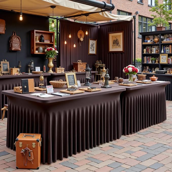 NSSONBEN 2 pk Brown Spandex Tablecloth for 8 Foot Rectangle Tables,Wrinkle Free Fitted Spandex Table Covers 8ft Coffe Stretch Table Cloths with Ruffle Skirt for Parties Weddings Banquet Baby Shower