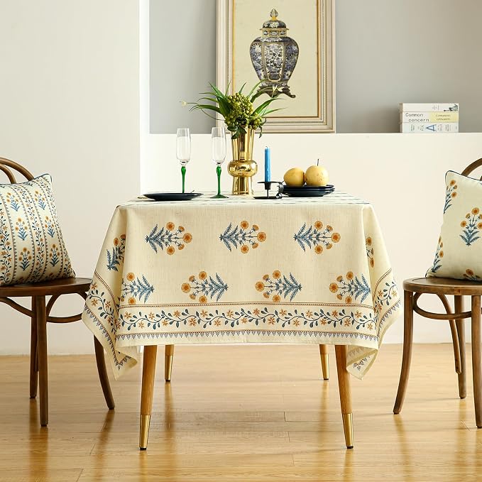 ISAENNE Designer French Linen Rectangular Tablecloth,79"x55"-Estevan A | Vintage Elegant Printed Table Cloth for Rectangle Table,Pale Yellow Floral Pattern,Decor,Dining Room,Kitchen,Thanksgiving