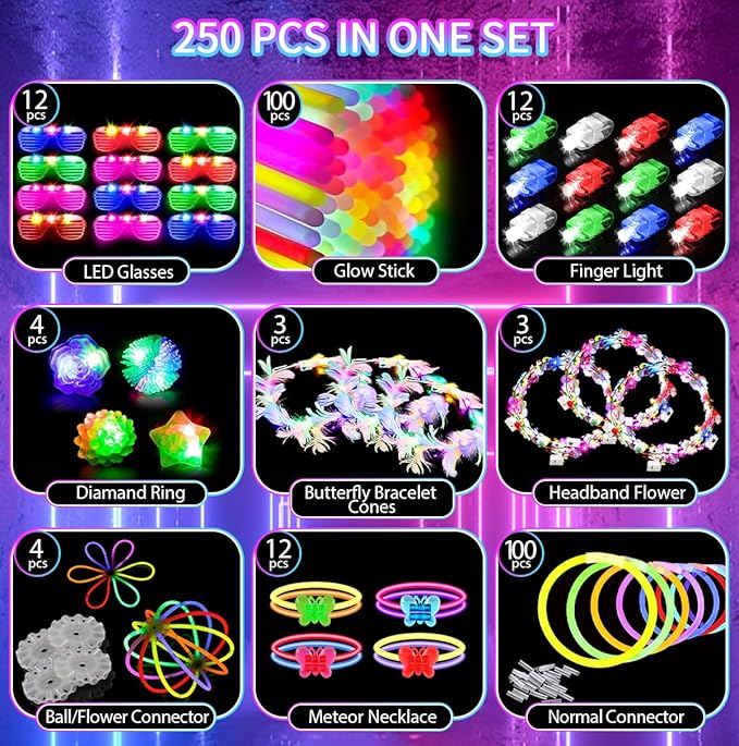 JOJUJB 250PCS Glow in the Dark Party Supplies for Kids Adults,Light Up Party Favors with Light Up Toy Glasses,100 Glow Sticks Bulk Party Pack DIY Glow Necklaces,Bracelets hora loca accessories
