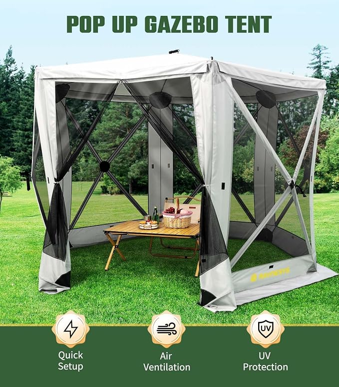 Raynesys 6 Sided Pop Up Gazebo Tent, Camping Screen Tent for 6-8 Person Foldable, Pop-Up Canopy Shelter with Mesh Windows, UV Resistant, Quick Set, Outdoor Gazebo with 6 Removable Wind Cloths, Gray