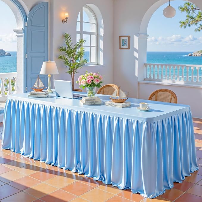 Blue Satin Tablecloths Rectangle 8FT, Glitter Spandex Fitted Stretch Table Covers Wrinkle-Free Floor Length Shimmer Table Skirt for Weddings Parties Baby Shower Banquets Vendor Events