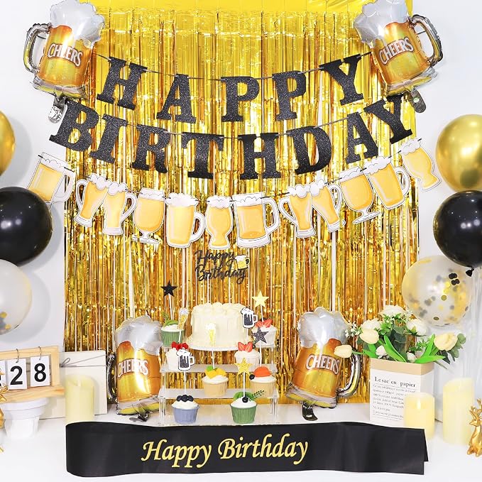 Black and Gold Birthday Decorations, 45PCS Happy Birthday Balloons Decorations for Men with Balloons Banner Sash Foil Fringe Curtain, Black and Gold Party Balloon Decoration Supplies for Men Boys