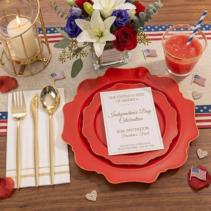 WDF 175Pcs Red Plates - Red Plastic Plates with Gold Rim - Fancy Disposable Dinnerware Sets Ideal for Party/Wedding/Spring/4th of July/Memorial Day
