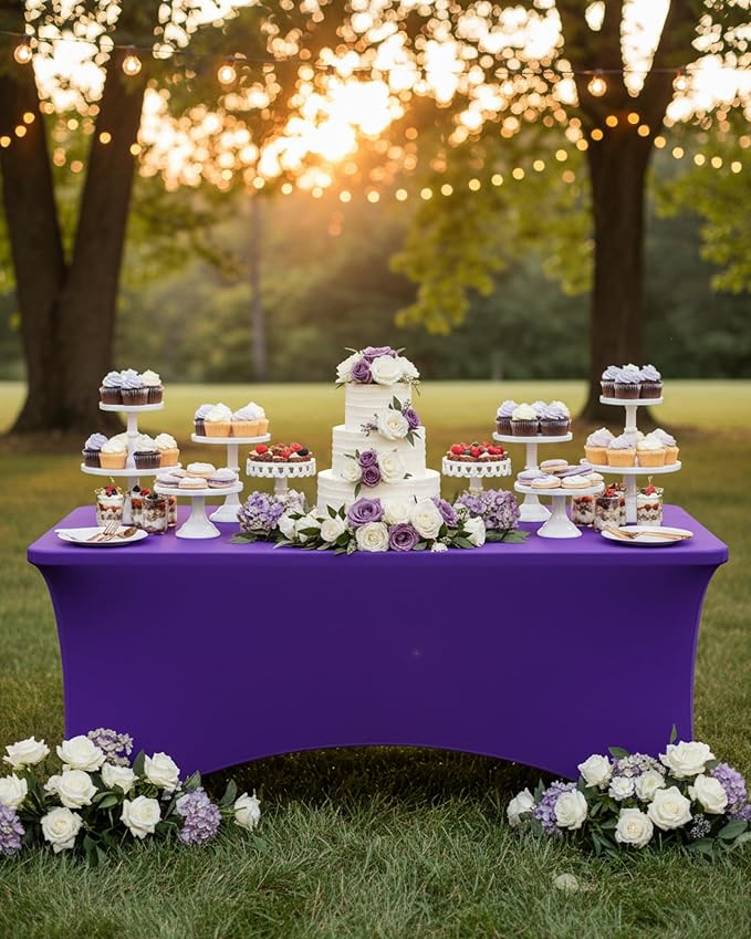 Fixwal 6 Pack 6Ft Purple Table Cover, Spandex Fitted Tablecloths Rectangle, Wrinkle-Free and Stretch Folding Table Cloth for Banquet, Wedding, Party, Trade Show