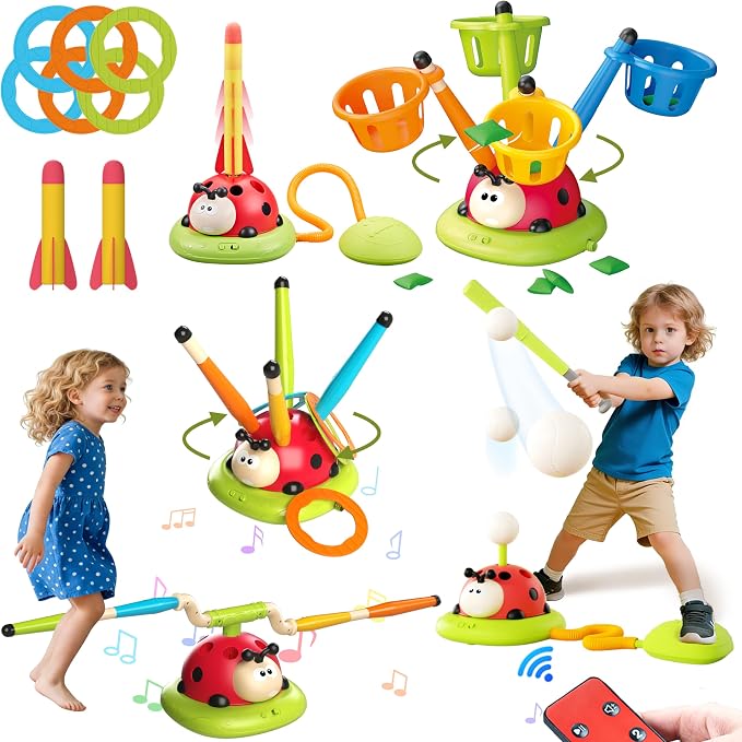 5 in 1 Musical Jump, Bean Bag Toss Ring Game, Baseball Toys and Stomping Launch Rocket Launcher for Kids Remote Control Indoor Outdoor Sports Toys for Kids Ages 4-8 3-5 Birthday Easter Gifts
