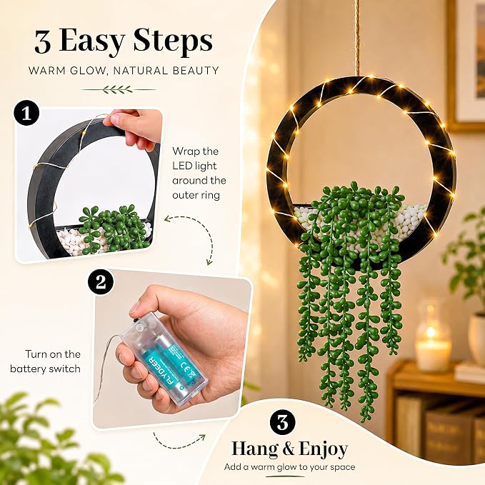 Der Rose 2 Pack Lighted Hanging Plants, Artificial String of Pearls Succulents with Warm LED Lights, Aesthetic Fake Plants for Black Bathroom Bedroom Living Room Wall Decor, Party & Gift for Women