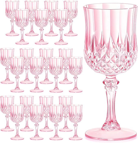 7OZ Plastic Wine Glasses, Reusable Vintage Goblets Unbreakable Drinking Glasses Crystal Water Cups Champagne for Wedding, Parties Mother's Day (24, Pink)