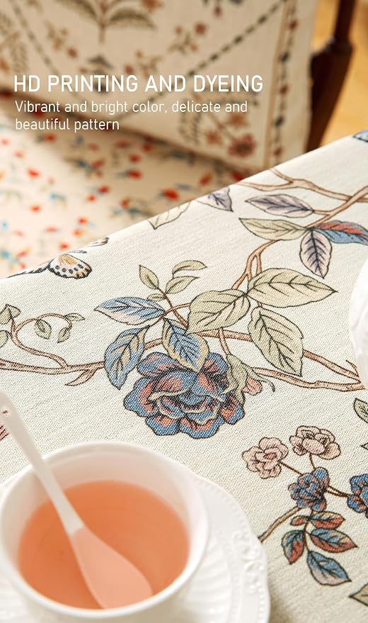 ISAENNE Designer French Linen Rectangular Tablecloth,79"x55"-Cornucopia | Vintage Elegant Table Cloth for Rectangle Table,Floral and Bird Pattern for Dining Kitchen Tea Party Thanksgiving,Decor