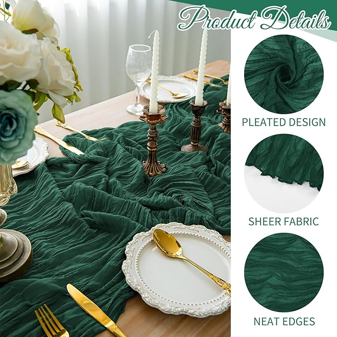 20 Pack Cheesecloth Table Runner - 17x108 Inch Emerald Green Boho Gauze Cheese Cloth Table Runners for Baby Bridal Shower Decoration Wedding Party Summer Garden Farmhouse