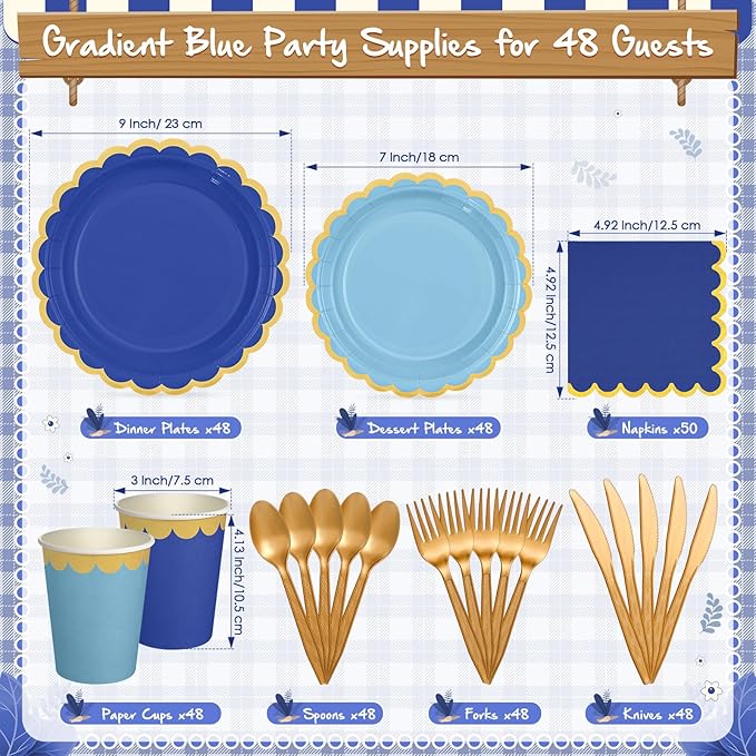 Mimorou 338 Pcs Royal Blue and Gold Party Supplies for 48 Guests, Gradient Blue Scalloped Paper Plates Napkins Cups Gold Cutlery for Ocean Sea Graduation Baby Shower Birthday Wedding Party Decorations