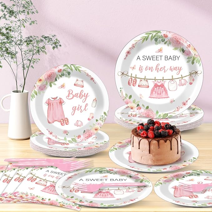 Justforjoyful 200Pcs Floral Baby Girl Shower Plates and Napkins Decoration Pink Girl Party Tableware Dinnerware Set Spring Rose Gold Paper Plates for Baby Gender Reveal Party Supplies Serves 50