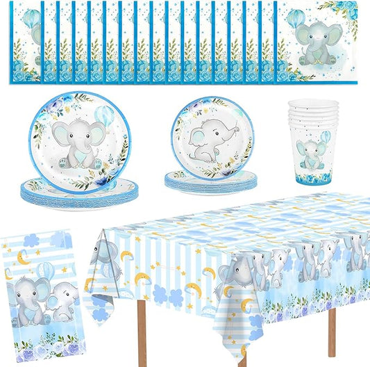 81 PCS Elephant Party Tableware Supplies, Disposable Blue Plates Cups Napkins Tablecloth Elephant Dinnerware Set for Anniversary Baby Shower Birthday Party Thanksgiving Christmas Decor, Serves 20