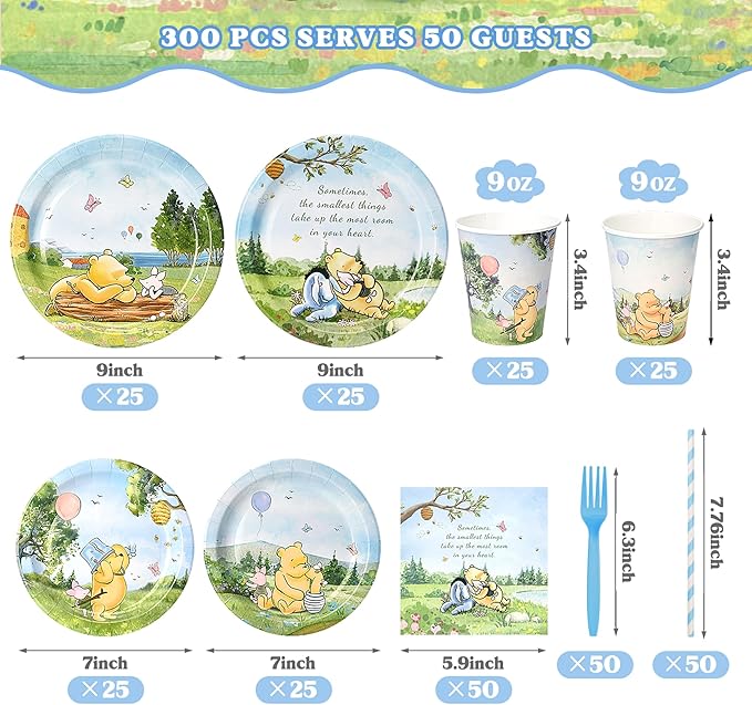 300 Pcs Winnie Bear Baby Shower Plates and Napkins Tableware Set, Plates Napkins Cups Straws and Forks Sets, Winnie Baby Shower Decorations Birthday Party Supplies, Serves 50 Guests