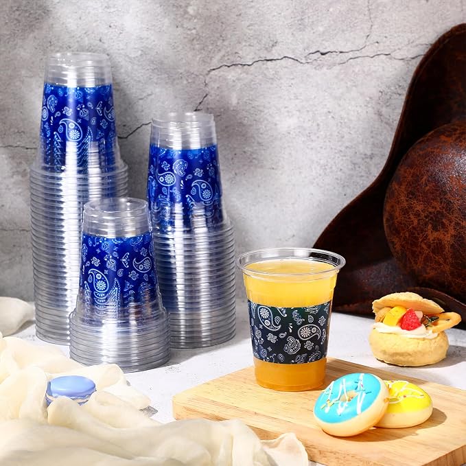 Funnymoom 60 Pack Cowboy Cup 12 oz Blue Bandana Disposable Clear Plastic Cups for Western Cowboy Birthday Party Decoration Supplies